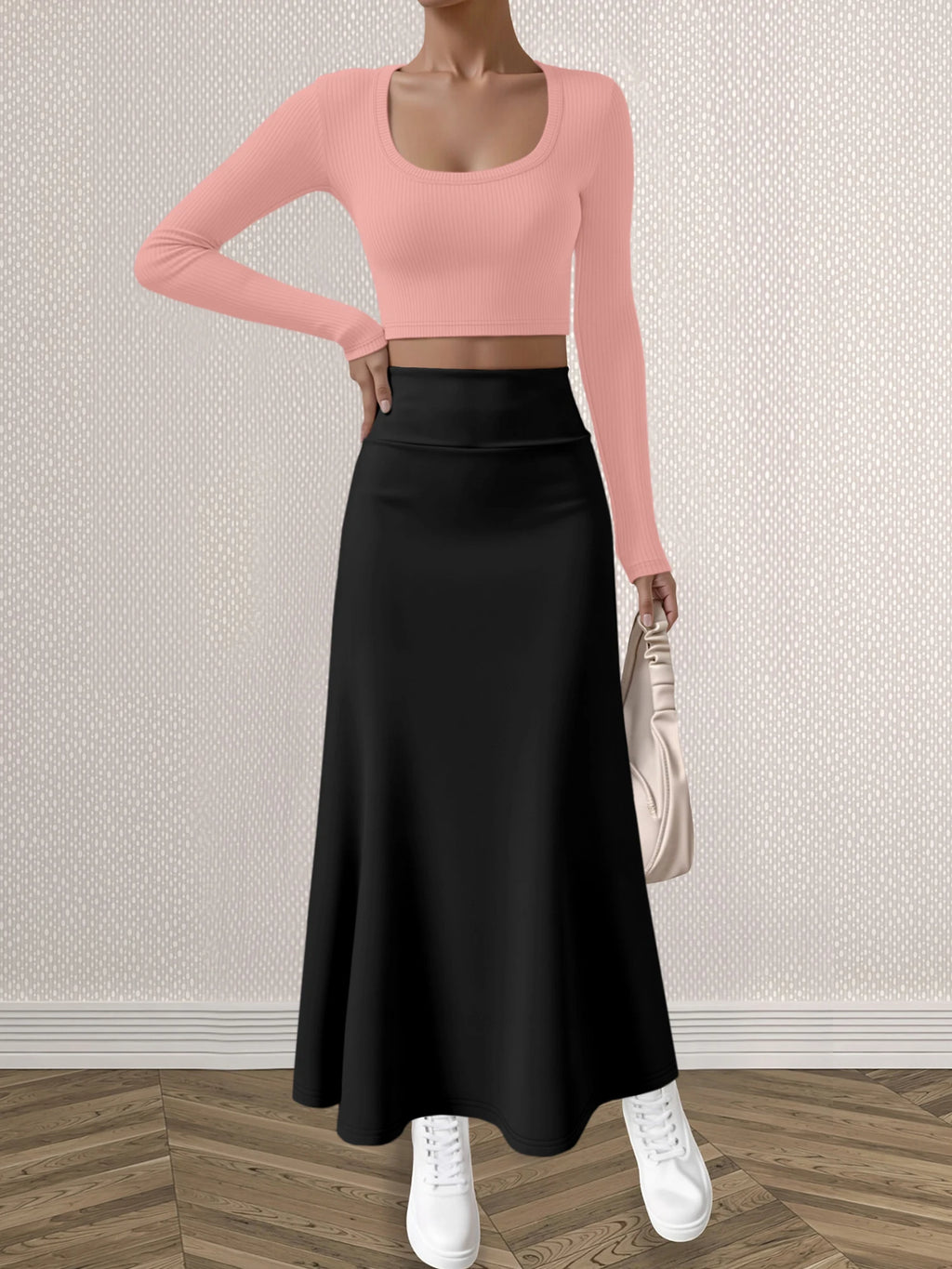 Mature Style Women 2Pcs Outfit, Ribbed Square Neck Crop Top + High Waist Draped A-Line Maxi Skirt