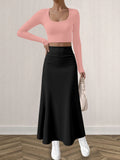Mature Style Women 2Pcs Outfit, Ribbed Square Neck Crop Top + High Waist Draped A-Line Maxi Skirt