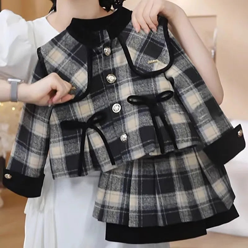 Girls Set Autumn Winter College Style Thick Cotton Jacket And Pleated Skirt Two-Piece Set Children's Outfit
