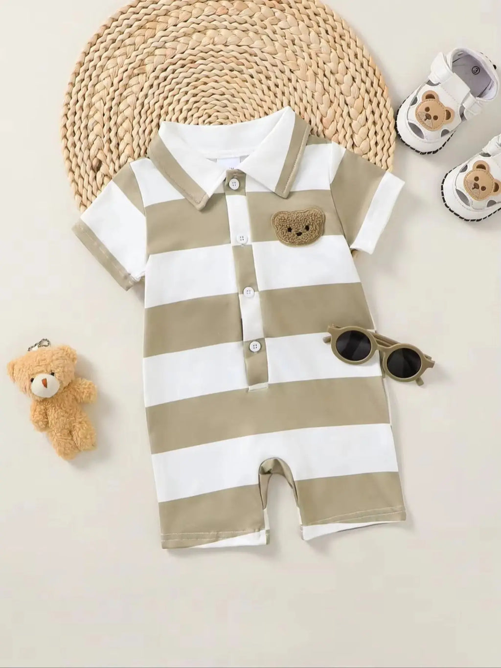 Summer Brown Stripes And Bear Short Sleeve Collared Romper for Baby Boys Casual Comfortable Cute Outdoor Wear