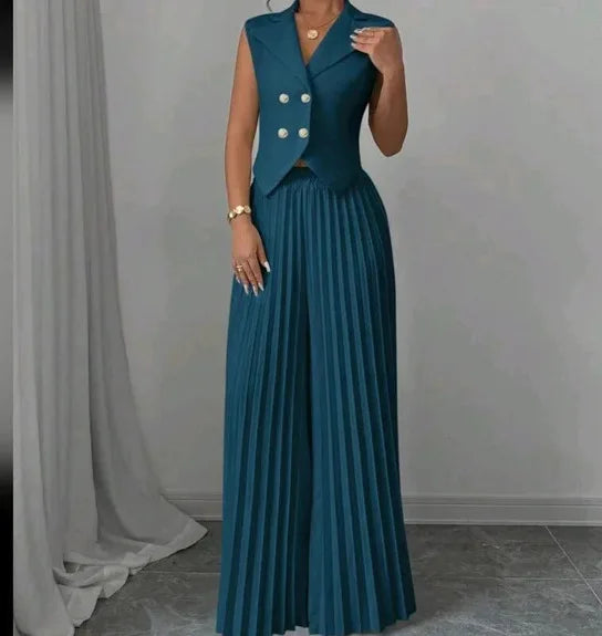 Elegant Formal Women Vest Trousers 2 Pieces Spring New Fashion Retro Wide-leg Pleated Pants Slimming Sleeveless Vest Female Set