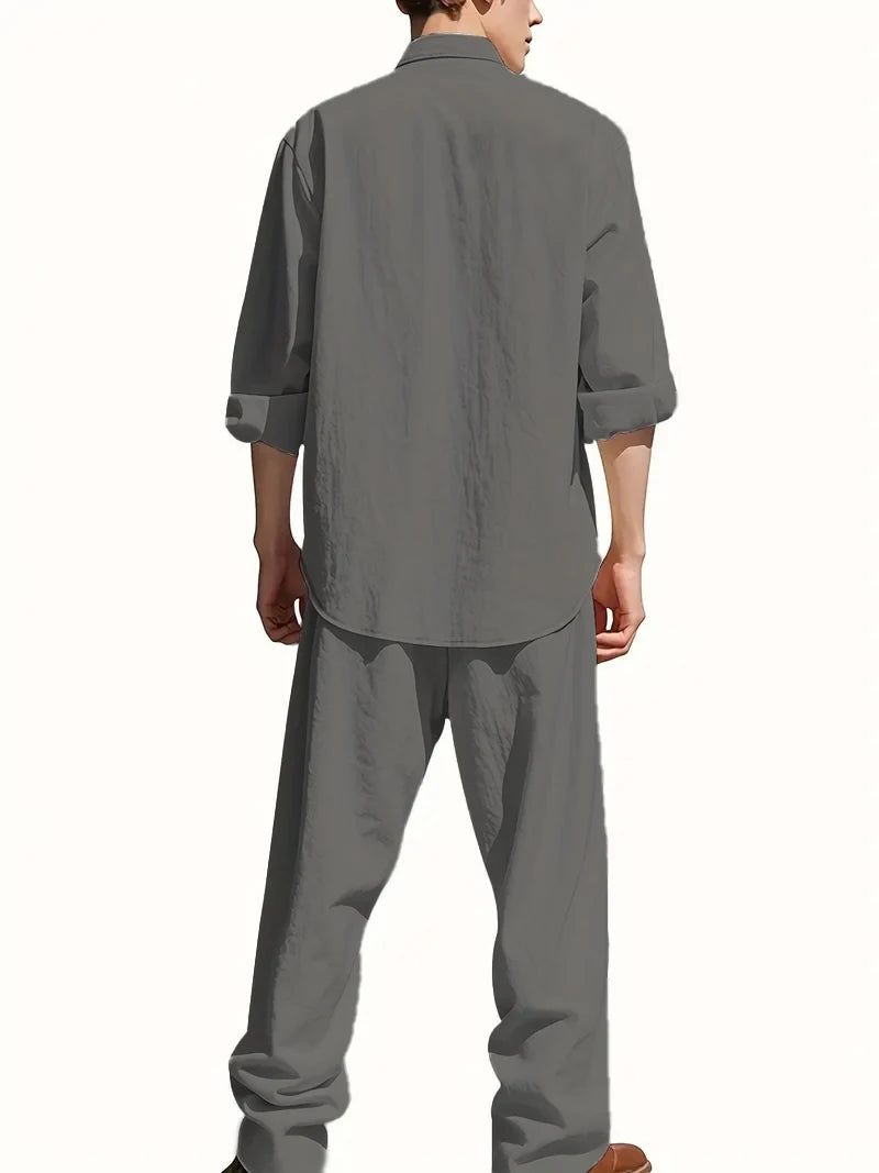 Men's White Linen Suit Set Long Sleeve Henley Shirt and Elastic Waist Pants Two Piece Outfit Summer Casual Comfortable