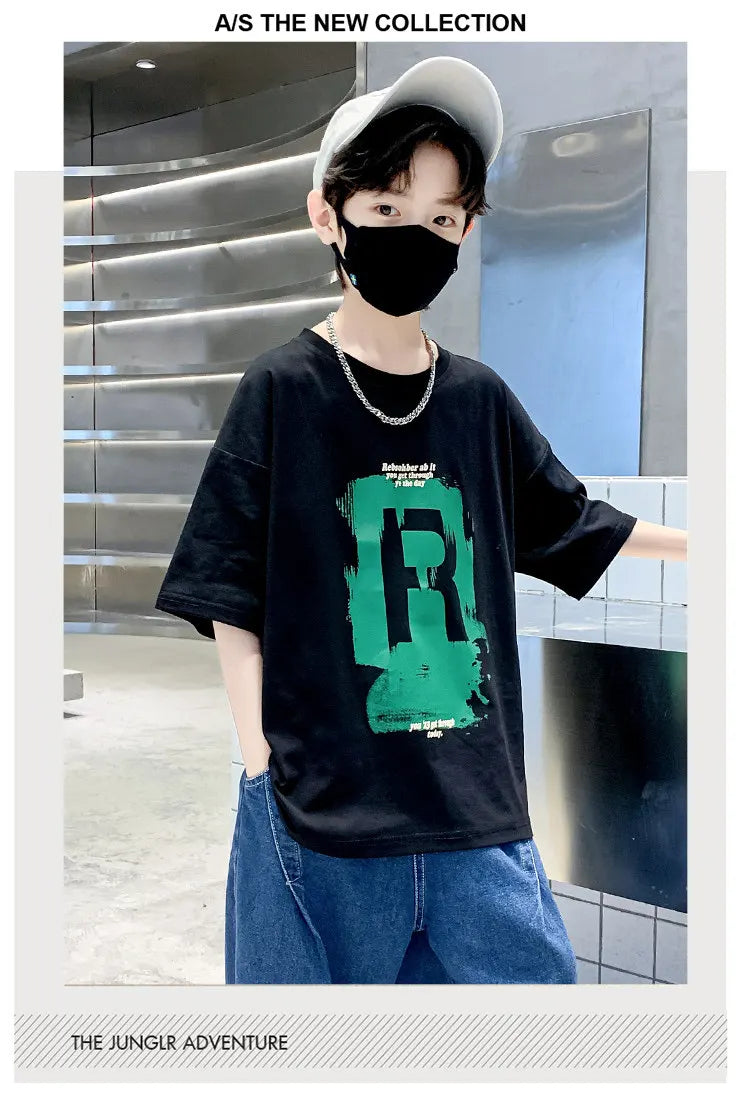 New Kids Boy Casual Tshirts Tops Novelty Printed Summer Children's T-shirt Short Sleeve Clothes Teenager Khaki Black Cotton Tees