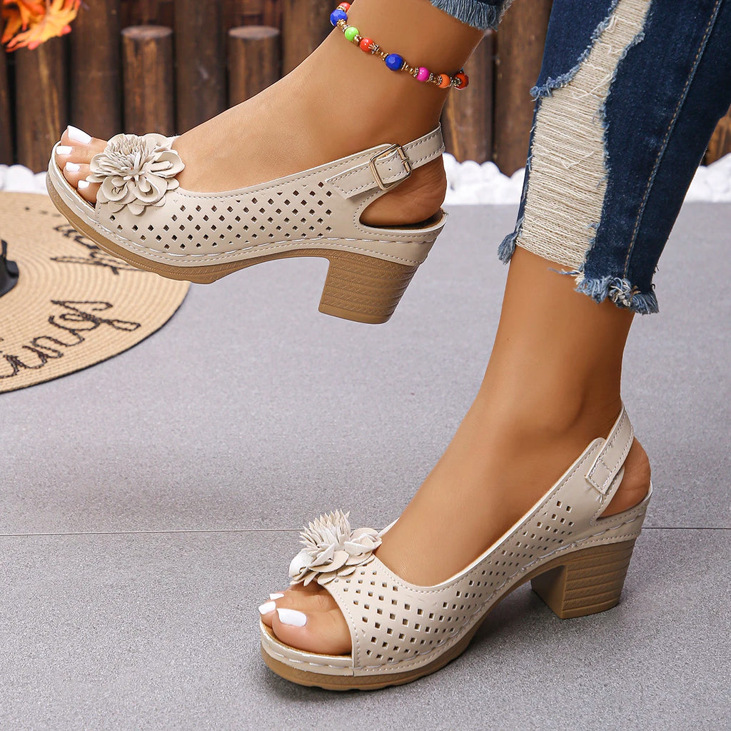 Women's Chunky Heel Sandals Summer 2025 Fashion Flower Hollow Beach Shoes Lightweight High Heeled Casual Sandals for Women