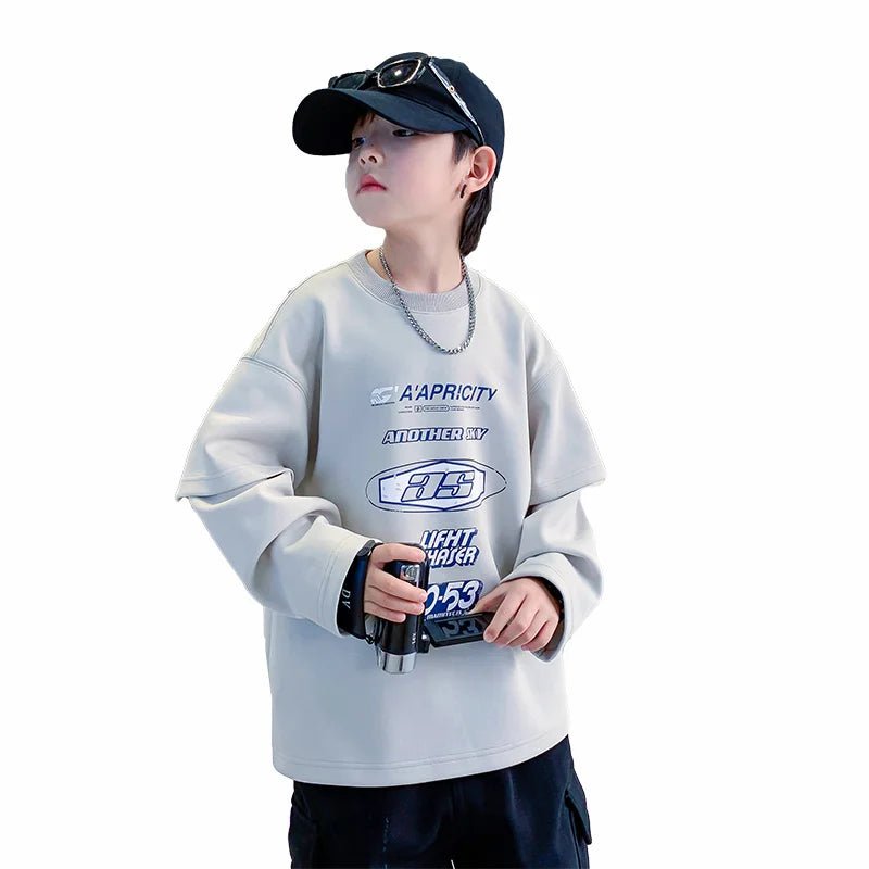 Teenage Kids Tshirts New Spring Fall Clothes Fashion Letter Fake Two Piece Sleeve Costume T-shirt Child Cotton Boy Tees Tops