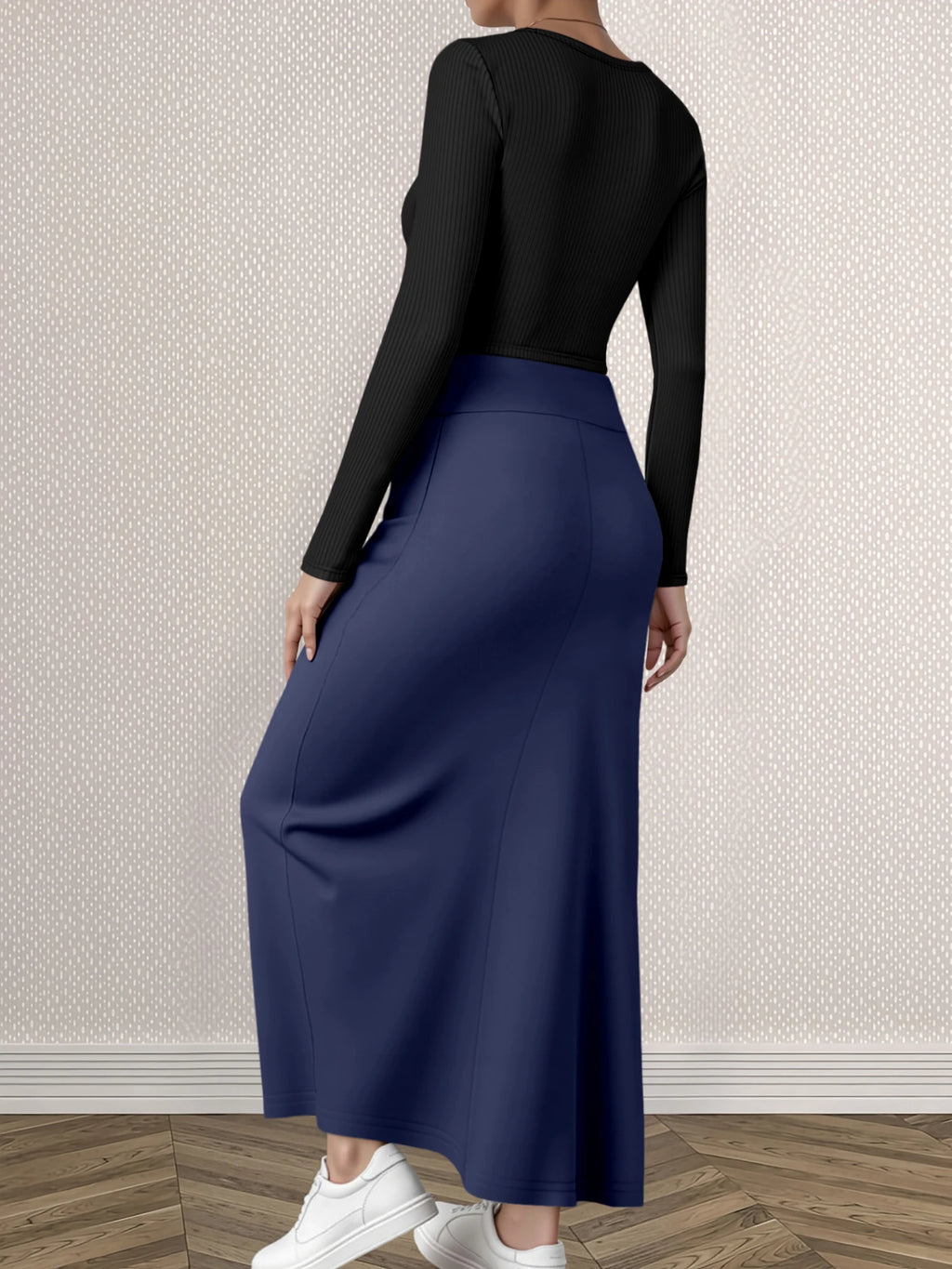 Mature Style Women 2Pcs Outfit, Ribbed Square Neck Crop Top + High Waist Draped A-Line Maxi Skirt