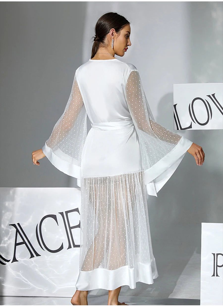 Summer Women Sexy Mesh Maxi Dress V-Neck Belted Polka Dot Sheer Robe Flare Sleeve Party Wedding Nightgown Beach Cover Up Vestido