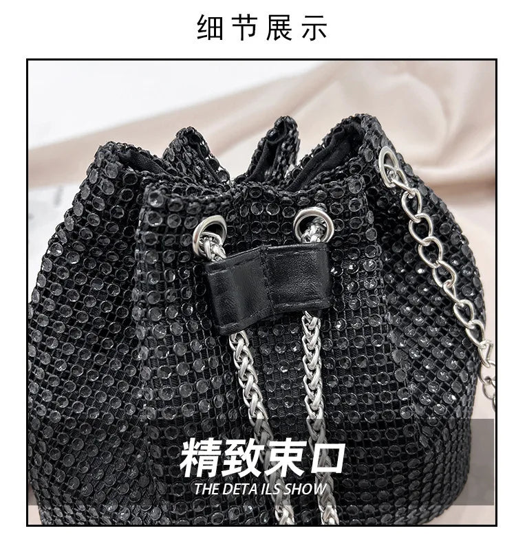 Women Luxury Shoulder Bag Solid Color Rhinestone Glittering Satchel Bag Drawstring Shinny Sling Purse Dinner Party Bag