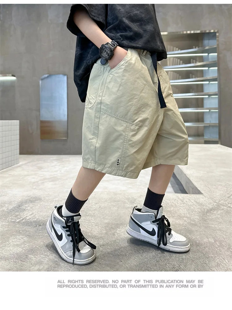 Kids Casual Solid Color Cargo Shorts for Tween Boys Khaki Black Summer Shorts Teenage Child Brief Knee-Length Pants Age 5-14Y
