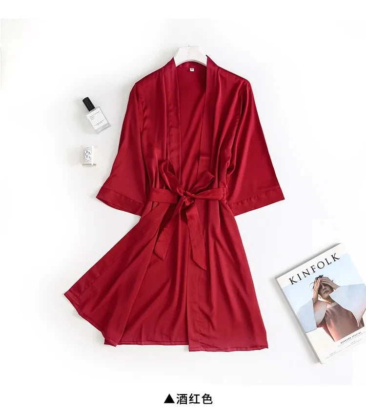 Women Wedding White Bride Robe Morning Gown 3/4 Sleeve Sleepwear Loose Nightgown Female Silk Satin Kimono Bathrobe Lingerie