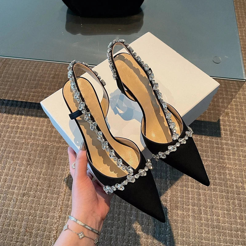 Luxury Women High Heels Ladies Pointed Toe Party Wedding Shoes White Black Stiletto Summer Rhinestone Slingback Sandals Female