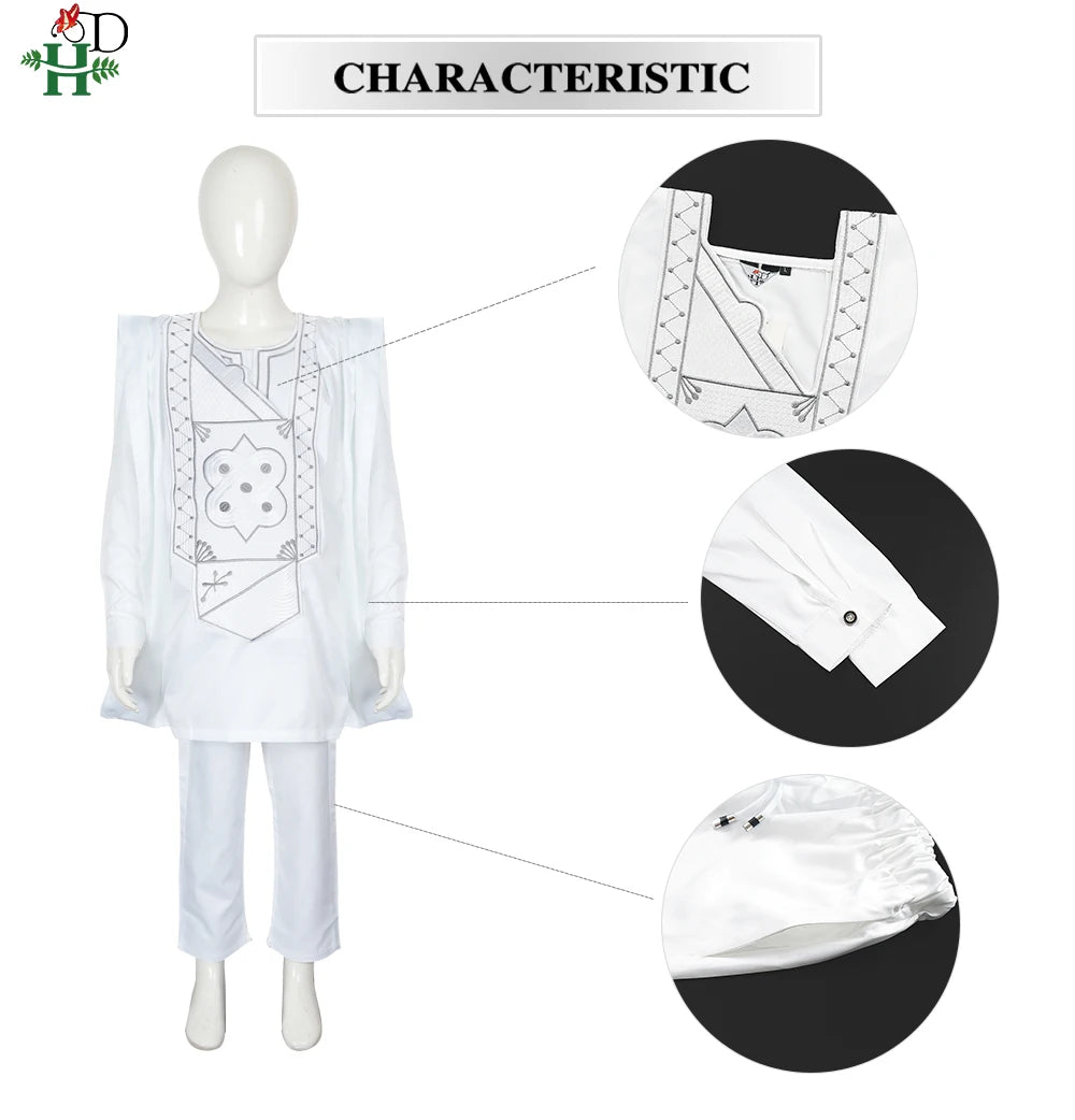 2025 New African Traditional Clothes For Kids Boy White Blue 3 PCS Set Long Sleeve Tops Embroidery Dashiki Robe Shirt Pant Child