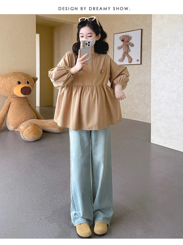 Maternity Blouse Spring Autumn Flower Round Neck Puff Long Sleeve Tops For Pregnant Women 2026 Loose Comfortable