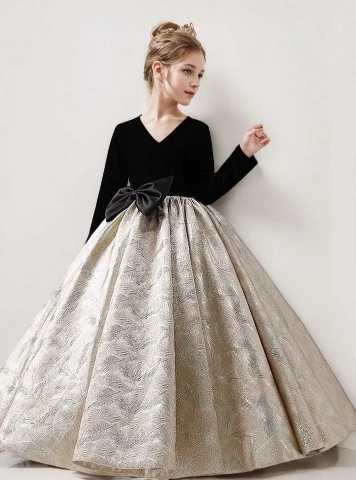Girls Long Sleeve Black Party Dress New Kids Pageant Gown for Fashion Show Piano Performance Formal Wear Autumn Winter Children