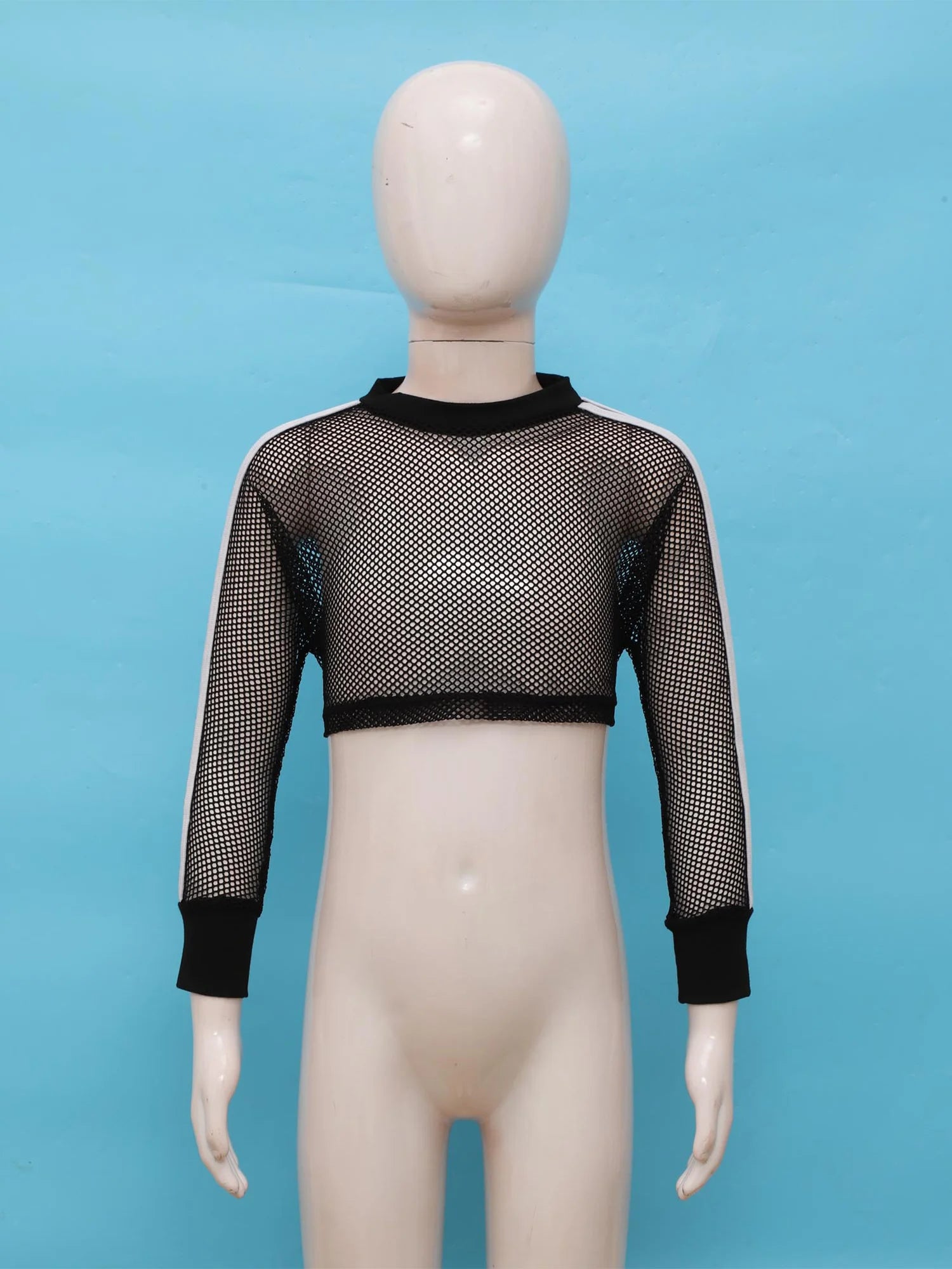Kids Girls Fishnet T-shirt Hip Hop Street Dance Tops Long Sleeve Round Neck Hollow Out Mesh Crop Top for Workout Gym Sportswear