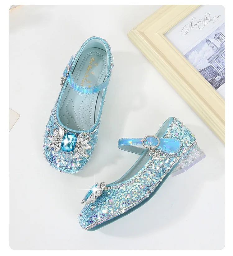 Girls Leather Shoes Fashion Flat Child New Sequin Flash Single Shoes Little Kids Crystal Princess Footwear Wedding Party Shoes