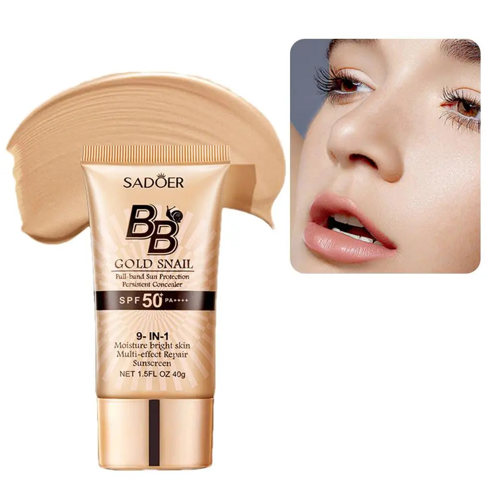 SPF50+ Gold Snail Sunscreen BB Cream Whitening Foundation Concealer Moisturizing Long Lasting Even Skin Tone Makeup Base Primer