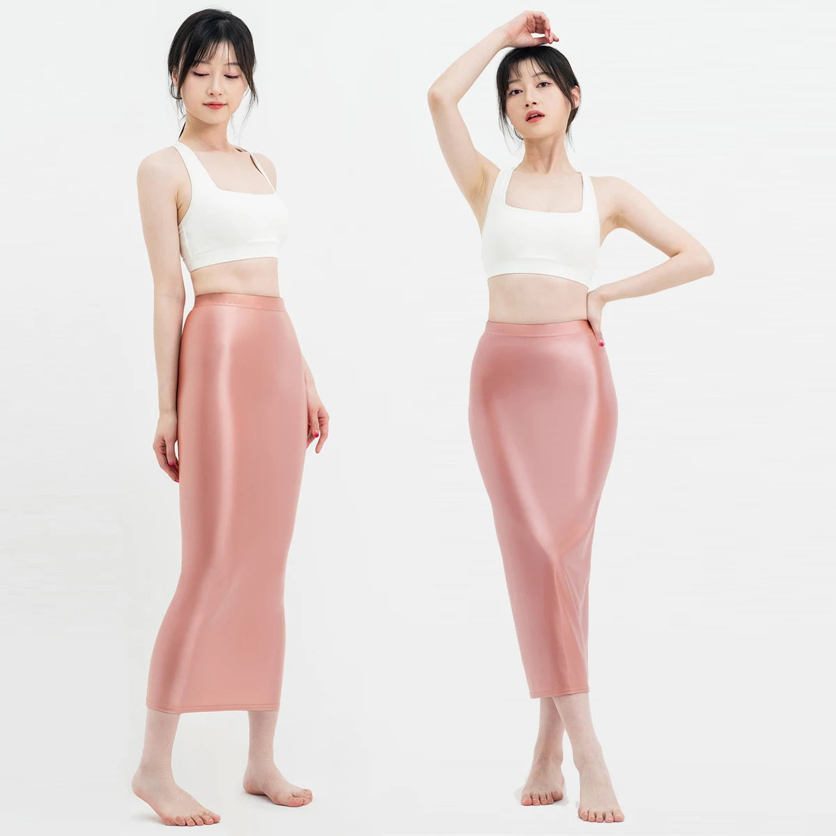 MJINM Women Sexy Oil Silky Satin Shiny Glossy High Elastic Skirt Hip Wrap One-step Ankle-Length Skirt Smooth Slimming Fit Skirt