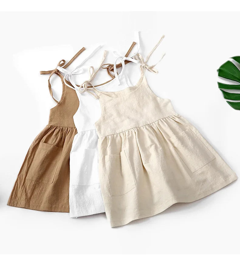 Summer Toddler Girl Dress Sleeveless Cotton Kids Beach Dress with Pocket