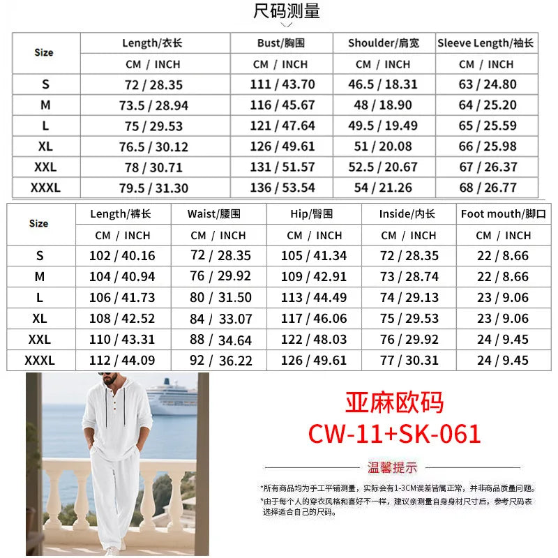 Men's Linen Hooded Sets 2 Piece Outfit Summer Casual Long Sleeve Hoodie and Wide Leg Pants Set for Men