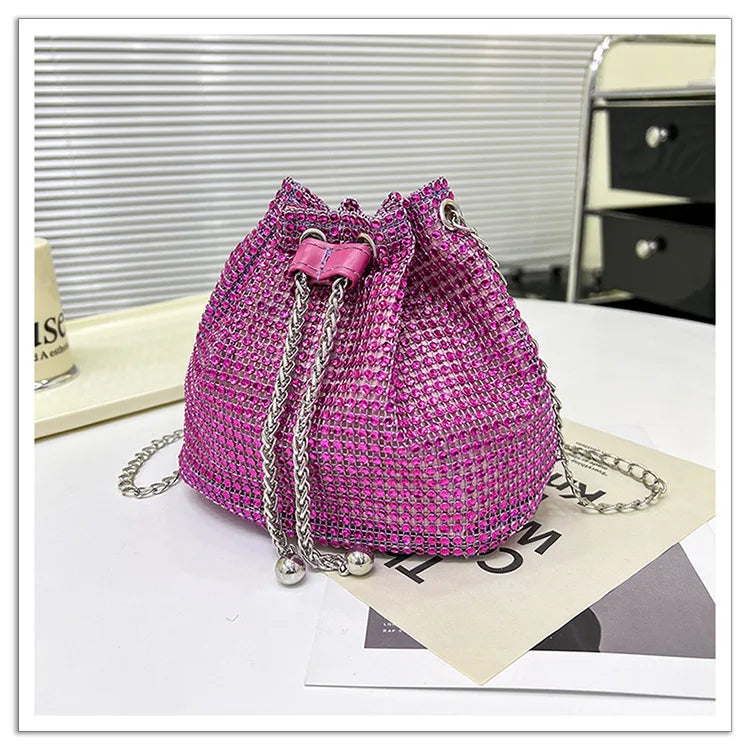 Women Luxury Shoulder Bag Solid Color Rhinestone Glittering Satchel Bag Drawstring Shinny Sling Purse Dinner Party Bag