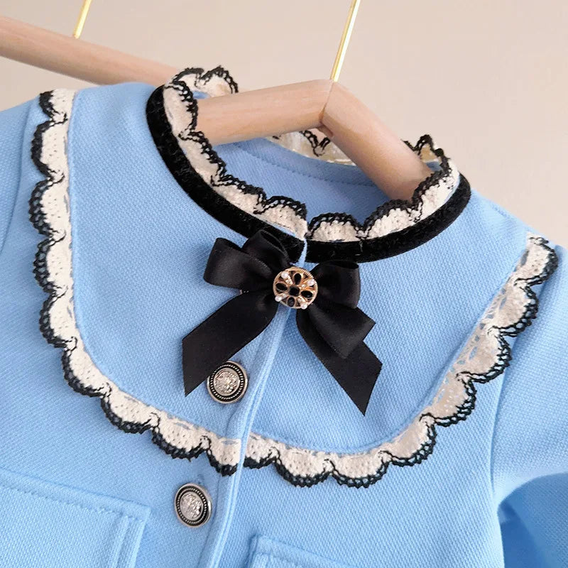 Girls Set 2024 Spring Autumn Girls Treasure Bow Two Piece Set Baby Coat Pants Blue Two Piece Set