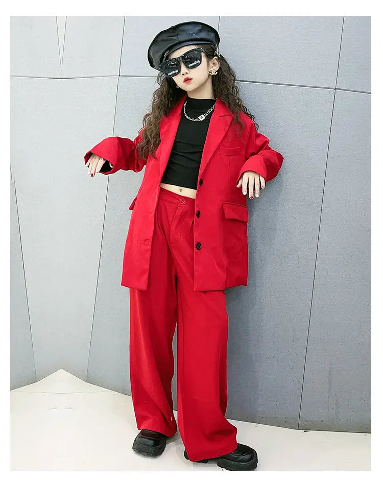Girls Red Blazer Suits Clothing Sets Spring Autumn Kids Jackets+Pants Fashion Loose Formal Teenager Casual Outfits 5-14Years Old