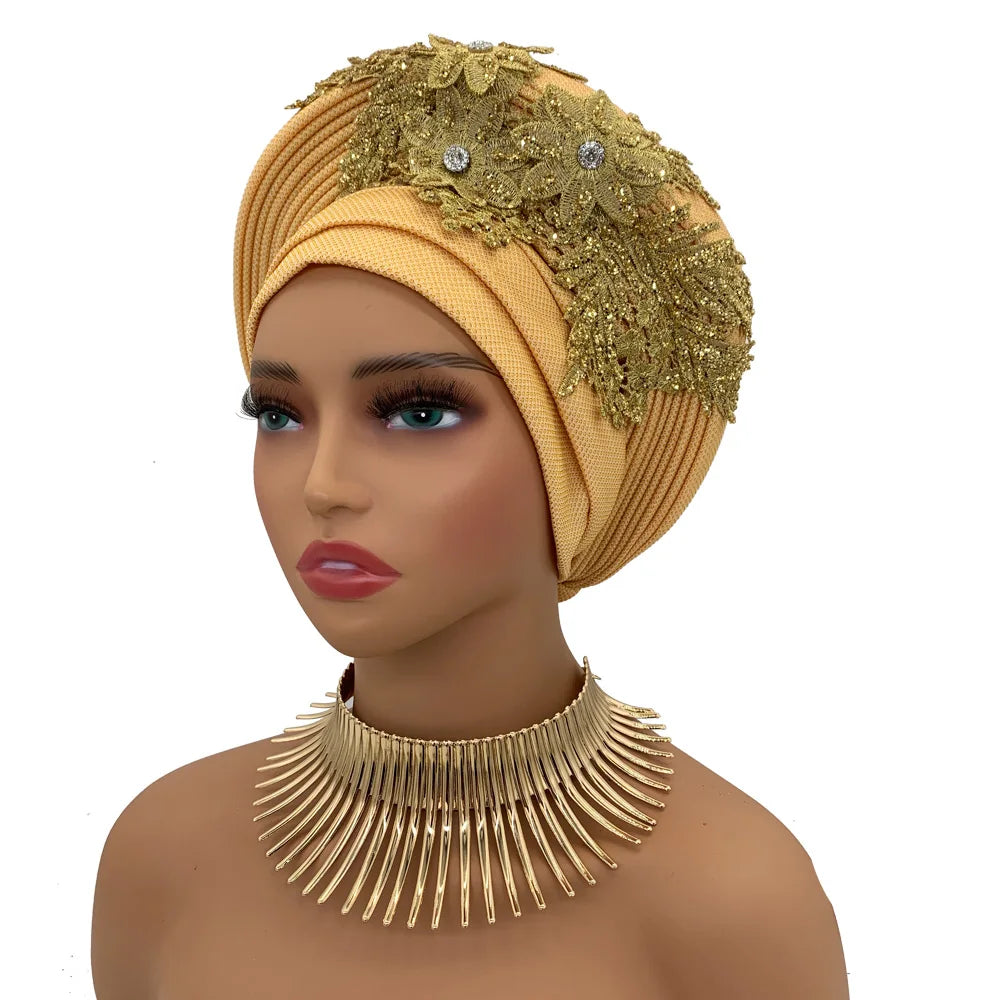 Elegant African Autogele Women's Turban Cap Nigeria Wedding Gele Ready to Wear Headtie with Embroidery Lace Party Headwear