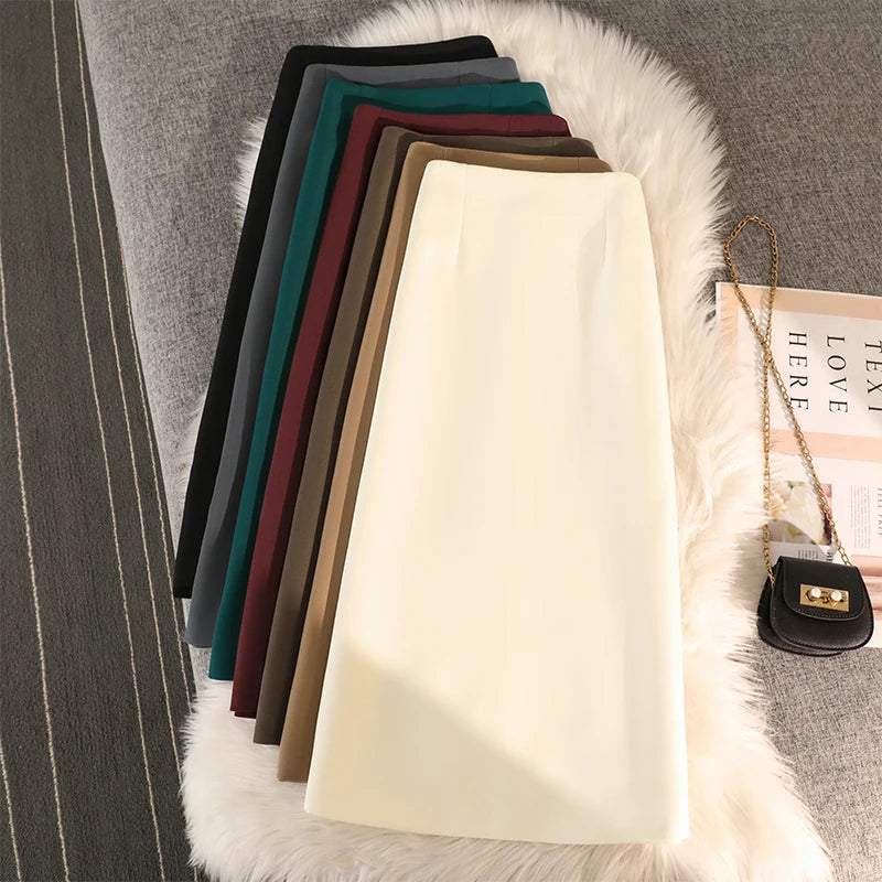 Elegant Office Ladies Work Suit Straight Skirt Women Autumn Winter Korean Fashion High Waist Split Business Midi Long Skirts