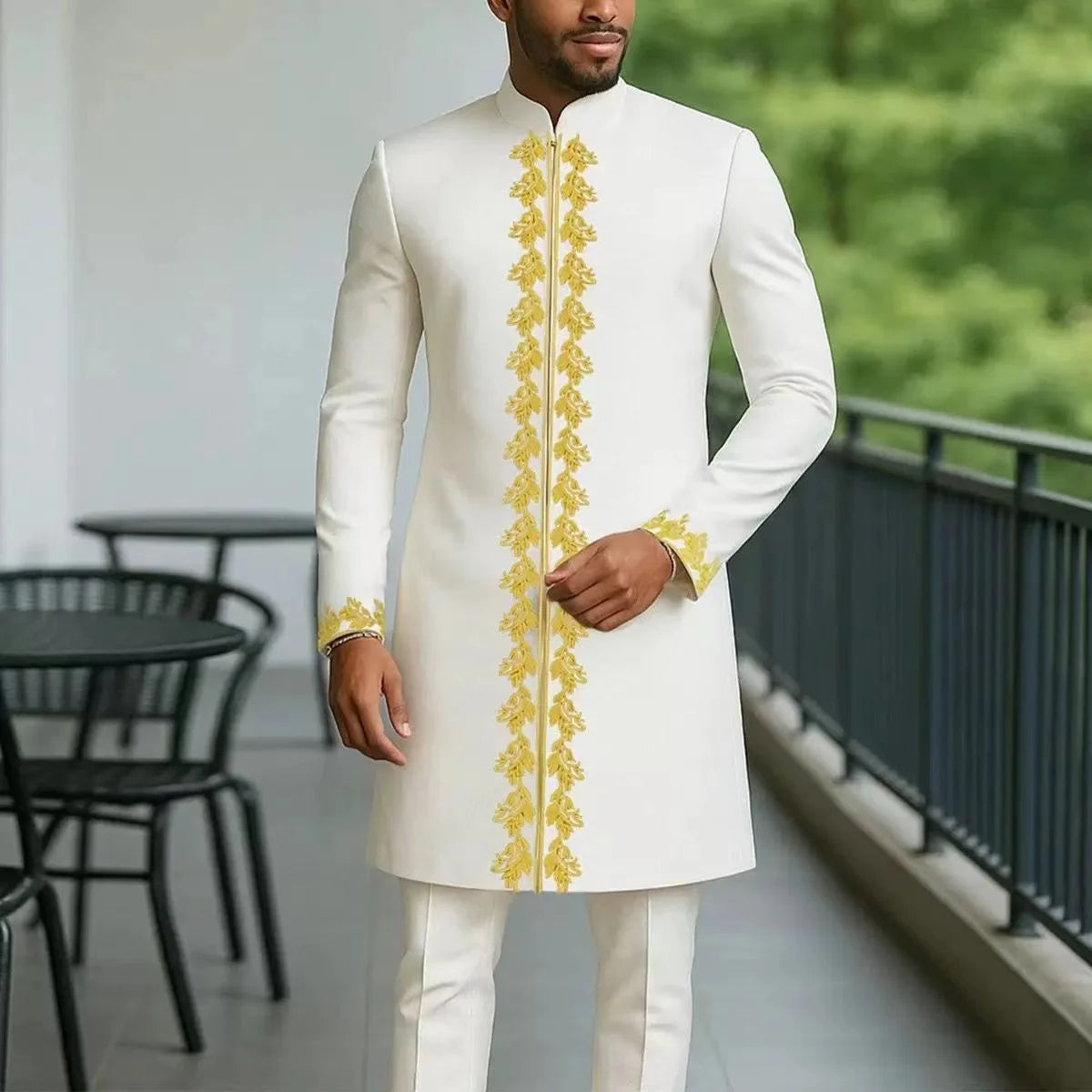 African Traditional Men Suit Printed Shirt Top Elastic Waist Pants White Wedding 2 Piece Set Outfits Ethnic Style Costumes
