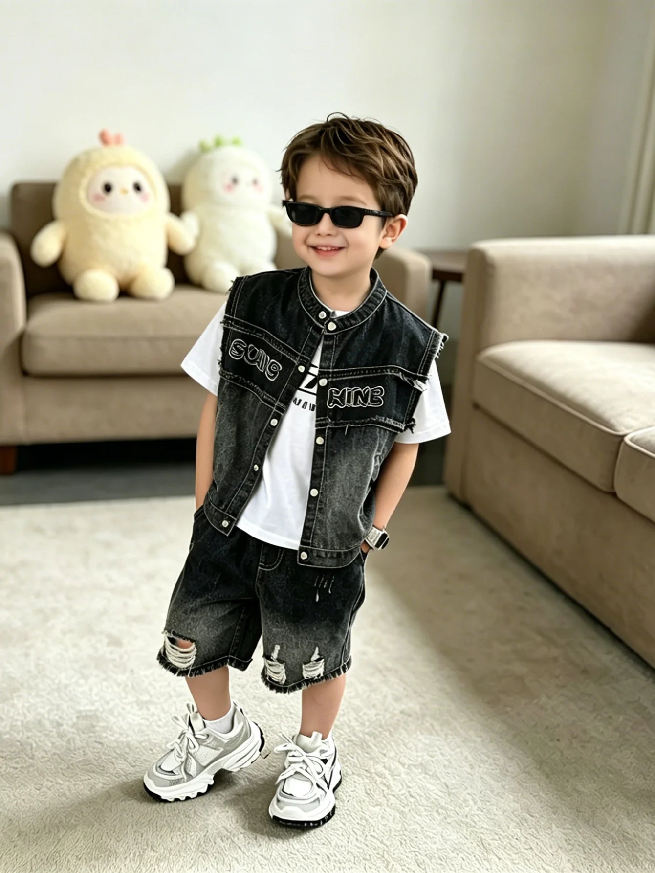 Kids Boys Streetwear Denim Vest & Shorts Set, 2026 New Fashion Black Washed 2PCS Outfit, Casual Loose Fit Summer Suit For Daily