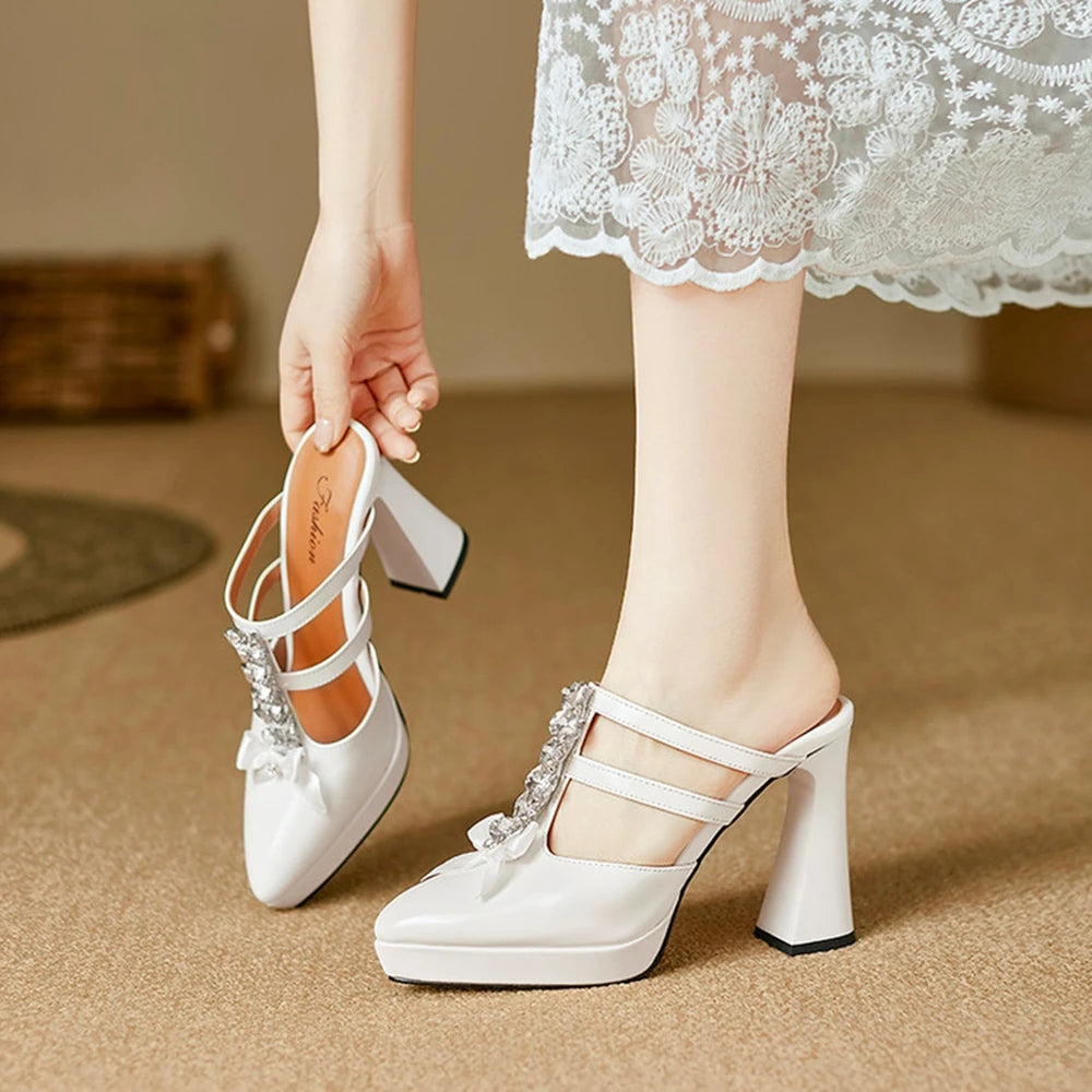 Thick High Heels Sandals Women Genuine Leather Fashion Rhinestone Bow Pointed Dress Wedding Party Dress Pumps Shoes 898-222