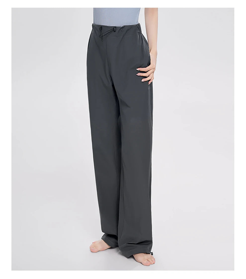 Women Adjustable High Waist Nylon Perspiration Casual Trousers with Pockets Female Athletic Dance Straight-leg Tracksuit Pants