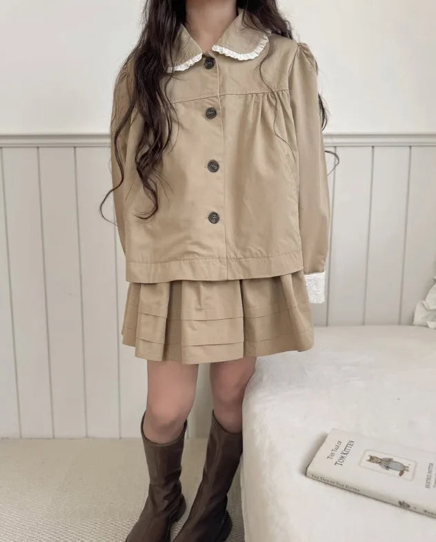 2025 Japanese Girls' Spring and Autumn Cotton Casual Ruffle Collar Jacket, Half Skirt, Children's Forest Two-piece Set