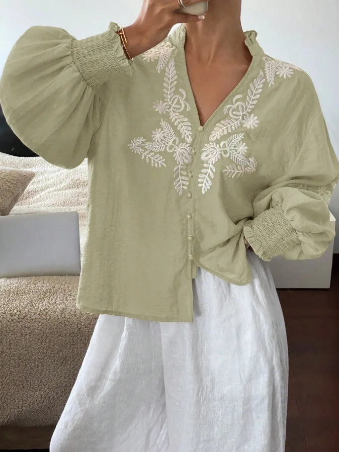 Women Autumn Single Breasted V-neck Blouses and Shirts Ladies Casual Embroidery Long Sleeve Shirt Tops