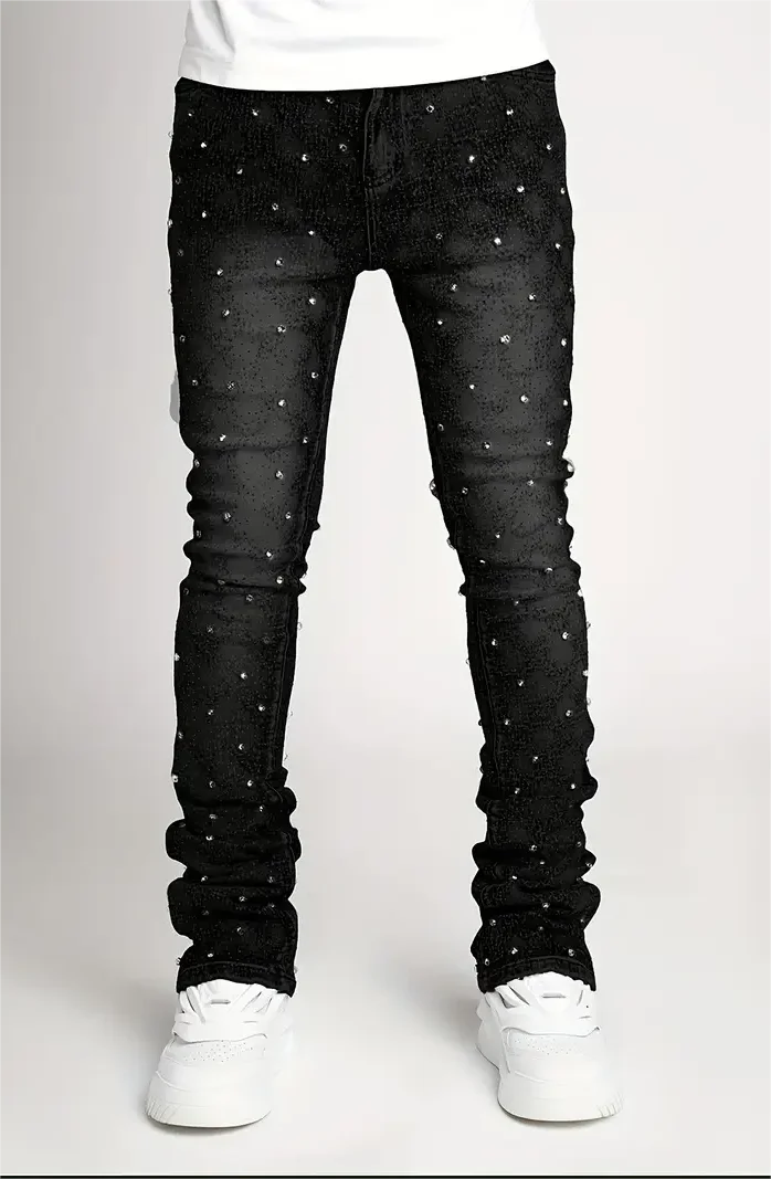 Men's Jeans with Nail Rhinestone Decoration, Shiny Stretch Straight-Leg Jeans, Street Style Hip-Hop Skateboarding Rap Party Dance Pants, Suitable for All Seasons
