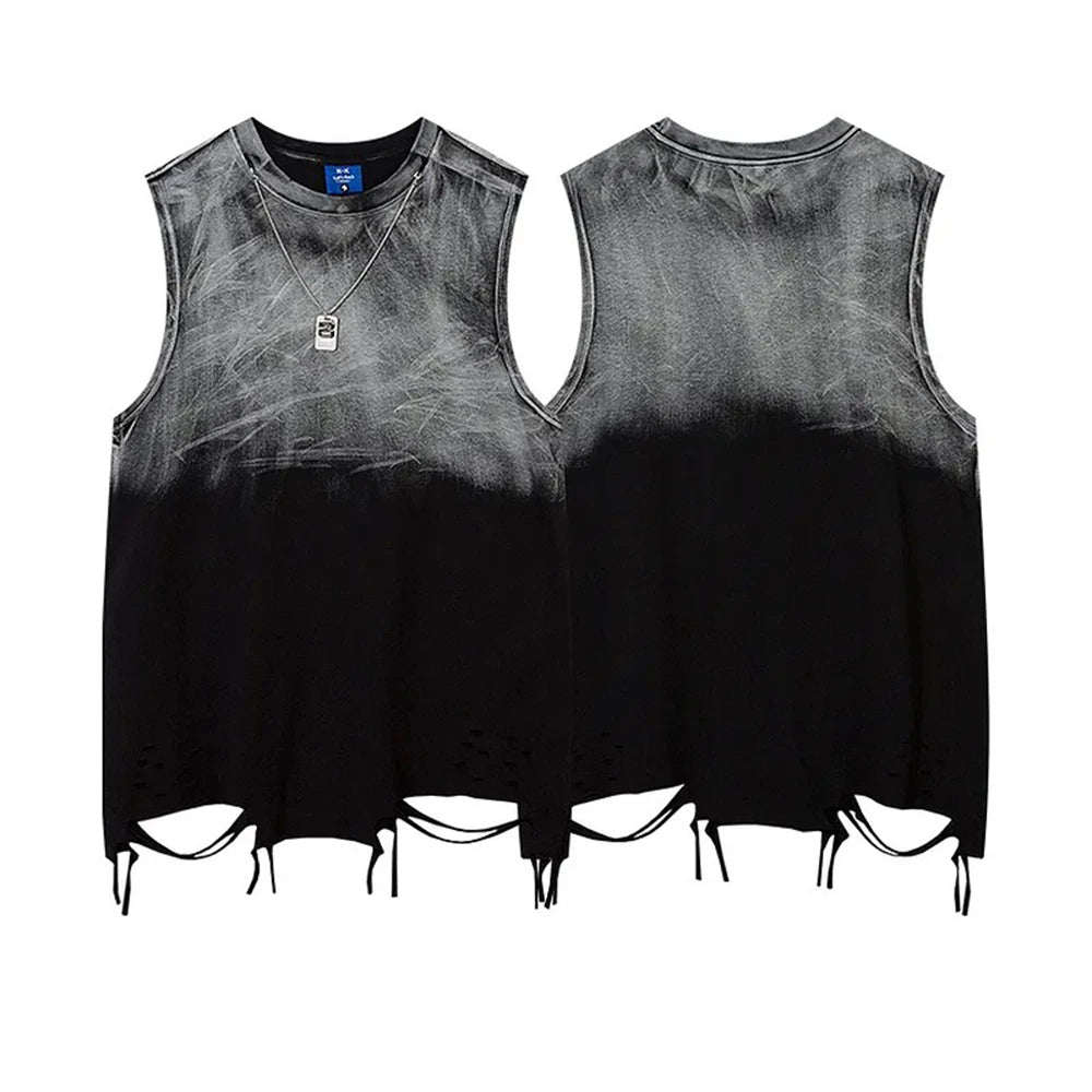 Summer New Men's Color Matching Raw Edge Sleeveless Vest American Retro Fashion Trend Street Loose Breathable Niche Men's Tops
