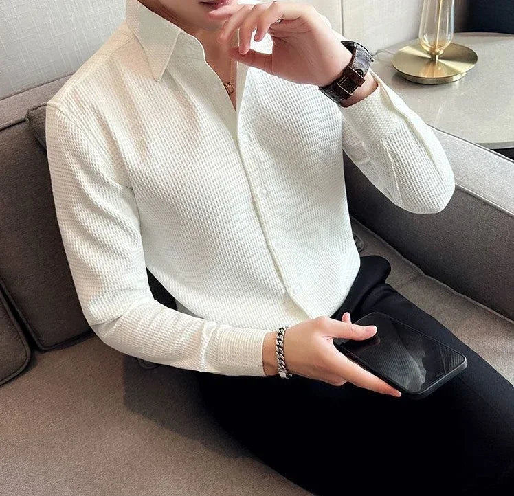 Male Shirts Green Plain Men's Shirt Business Waffle Designer Fashion 2025 Hipster Regular Elegant Slim Fit Cheap Brand Social I