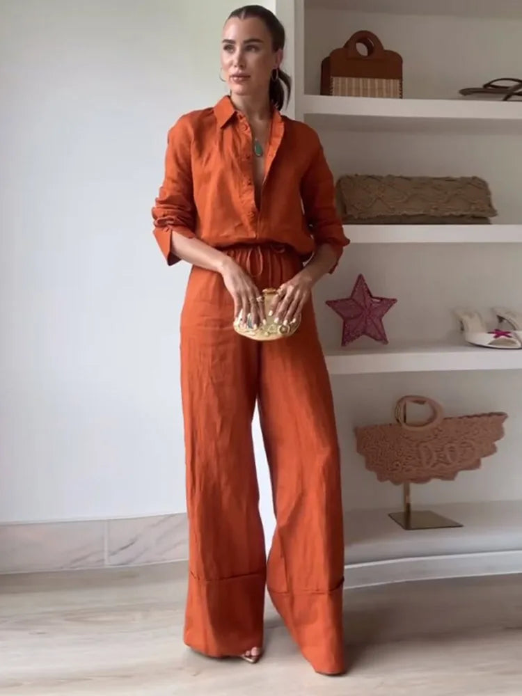 Shirt Trousers 2 Pieces Set For Women Solid Turn Down Collar Long Sleeves Single Breasted Top Lace Up Pants 2025 Ladies Outfits