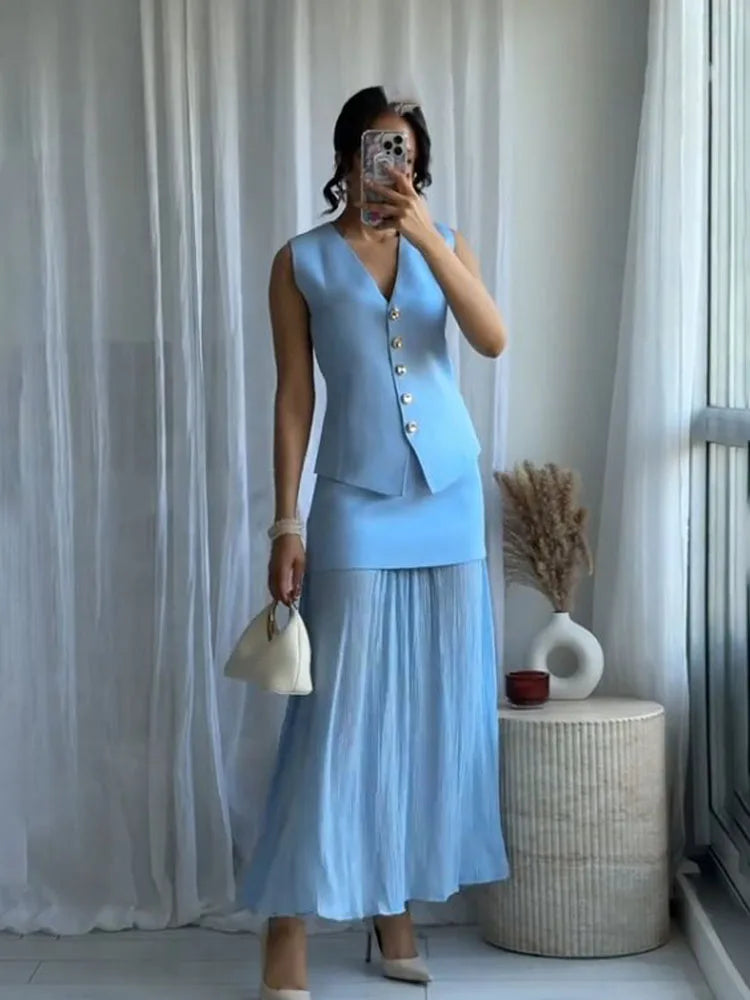 HH Women 2 Piece Set Fashion Button Sleeveless V-Neck Knitted Vest Top+Chic Splicing High Waist Zipper Ankle-Length Skirt