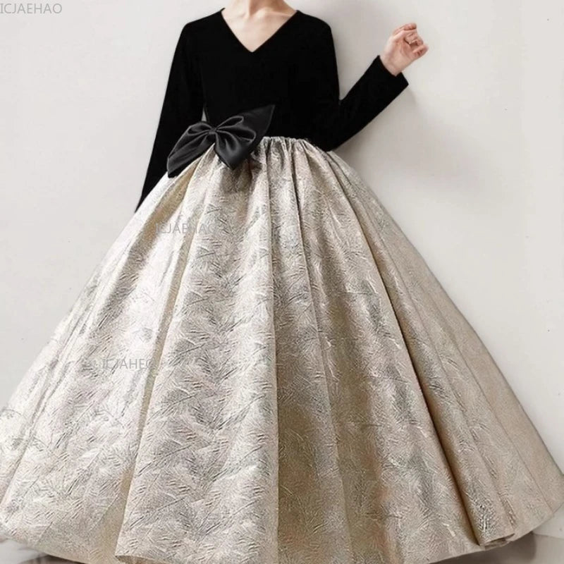 Girls Long Sleeve Black Party Dress New Kids Pageant Gown for Fashion Show Piano Performance Formal Wear Autumn Winter Children