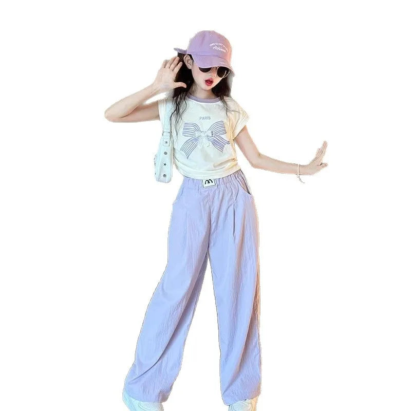 Teen Girls Summer Clothes Color Matching Cartoon T-shirt Trousers Two-piece Suit New Korean Style Sports Suit Children Outfit