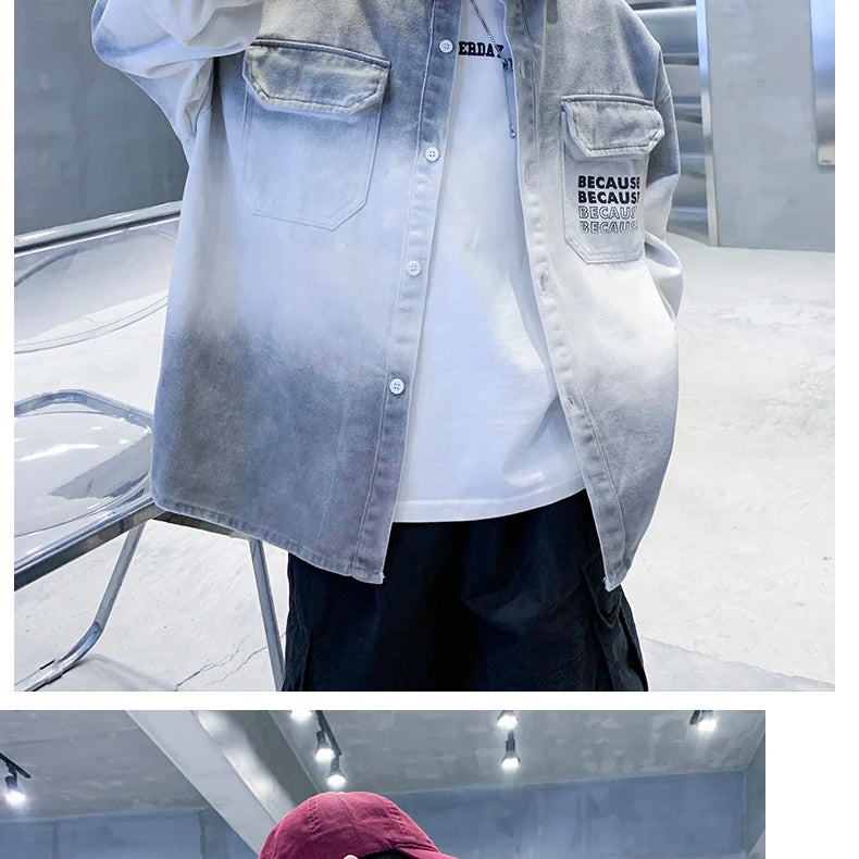 Loose Teenage Boy Gray Gradient Denim Shirt Jacket For Child Age 5 6 7 8 9 10 11 12 13 14 Years Kids Casual Spring Clothing Coat