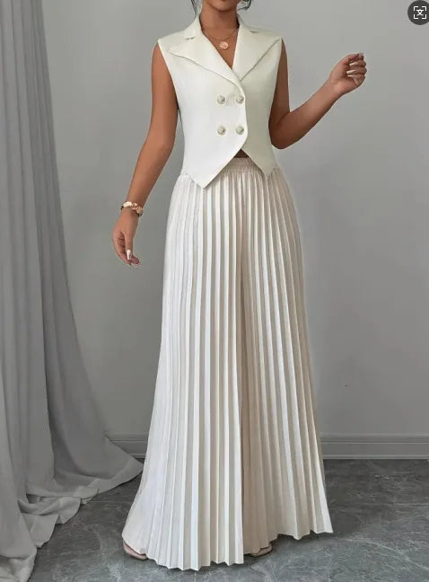 Elegant Formal Women Vest Trousers 2 Pieces Spring New Fashion Retro Wide-leg Pleated Pants Slimming Sleeveless Vest Female Set