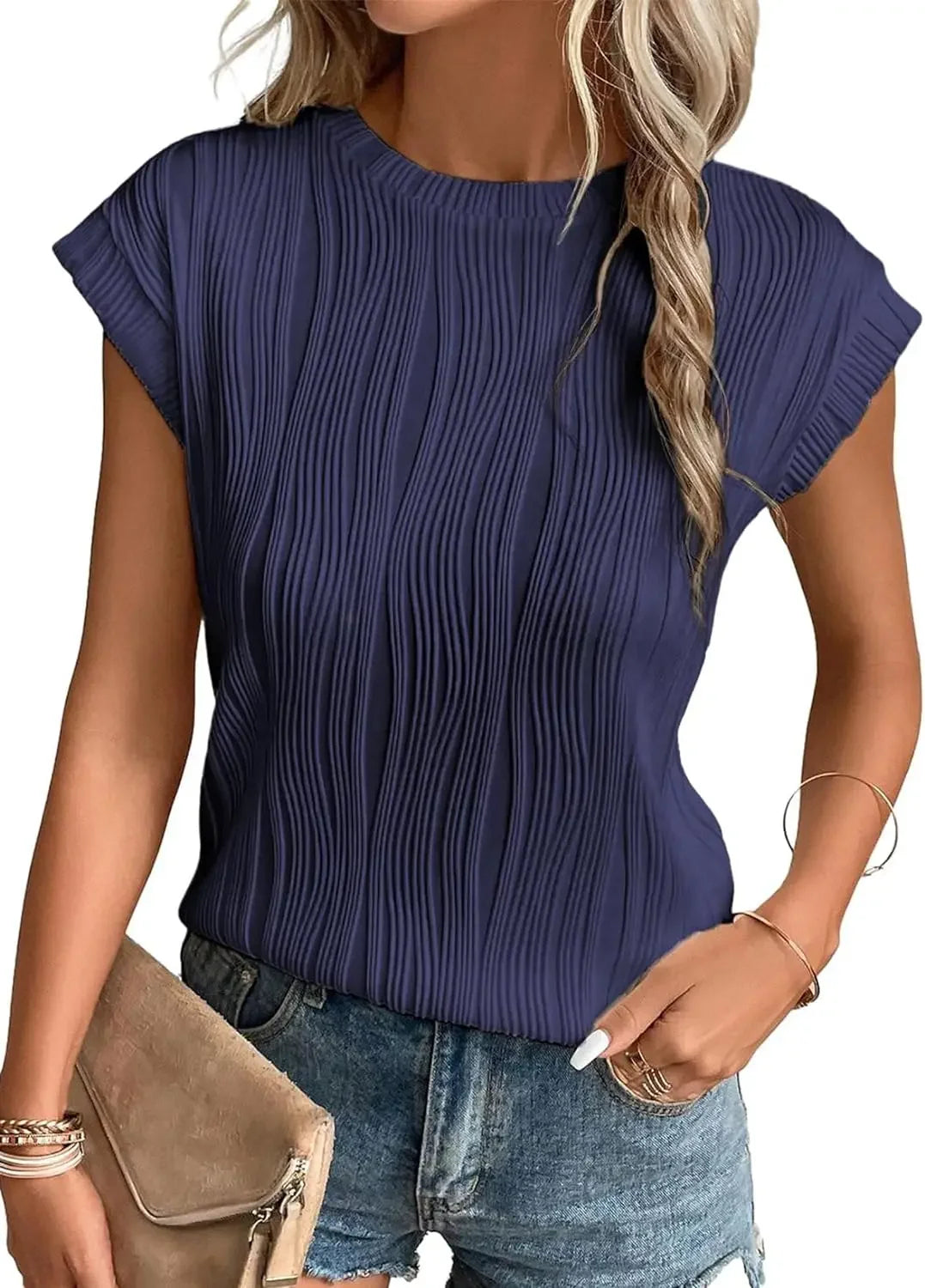 2025 Summer New Womens t-shirt Short Sleeve Textured Tops Crewneck Knit Solid Loose Casual Basic T Shirts Tee Blouses