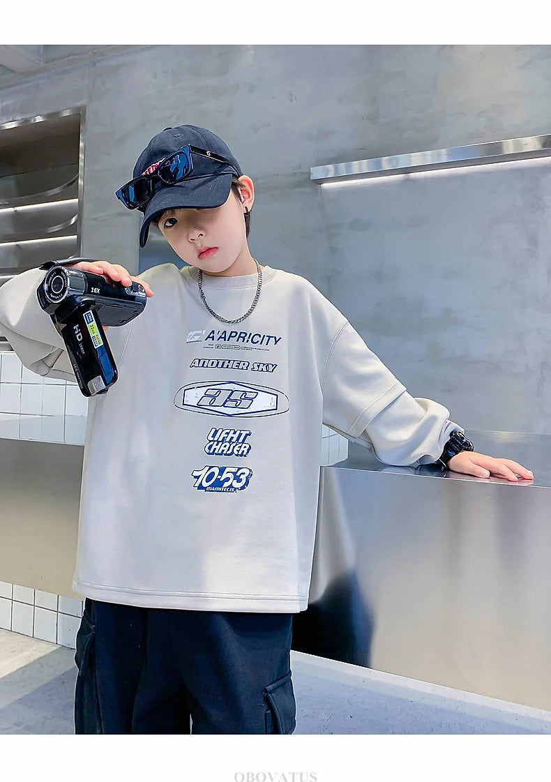 Teenage Kids Tshirts New Spring Fall Clothes Fashion Letter Fake Two Piece Sleeve Costume T-shirt Child Cotton Boy Tees Tops