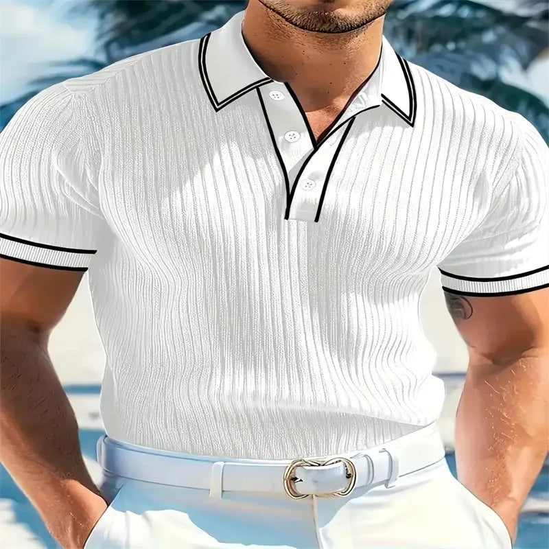Men Ribbed Knit Polo Shirt Short Sleeve Turn Down Collar Contrast Trim Button Placket Slim Fit Casual Top