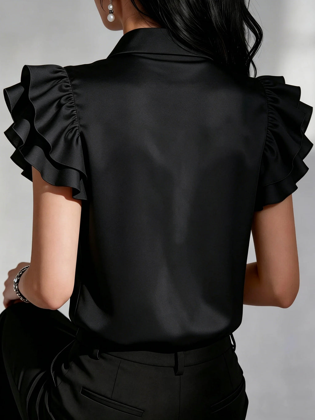 Women Elegant Satin Ruffle Sleeve Button Down Blouse Turn Down Collar Office Work Casual Shirt Top