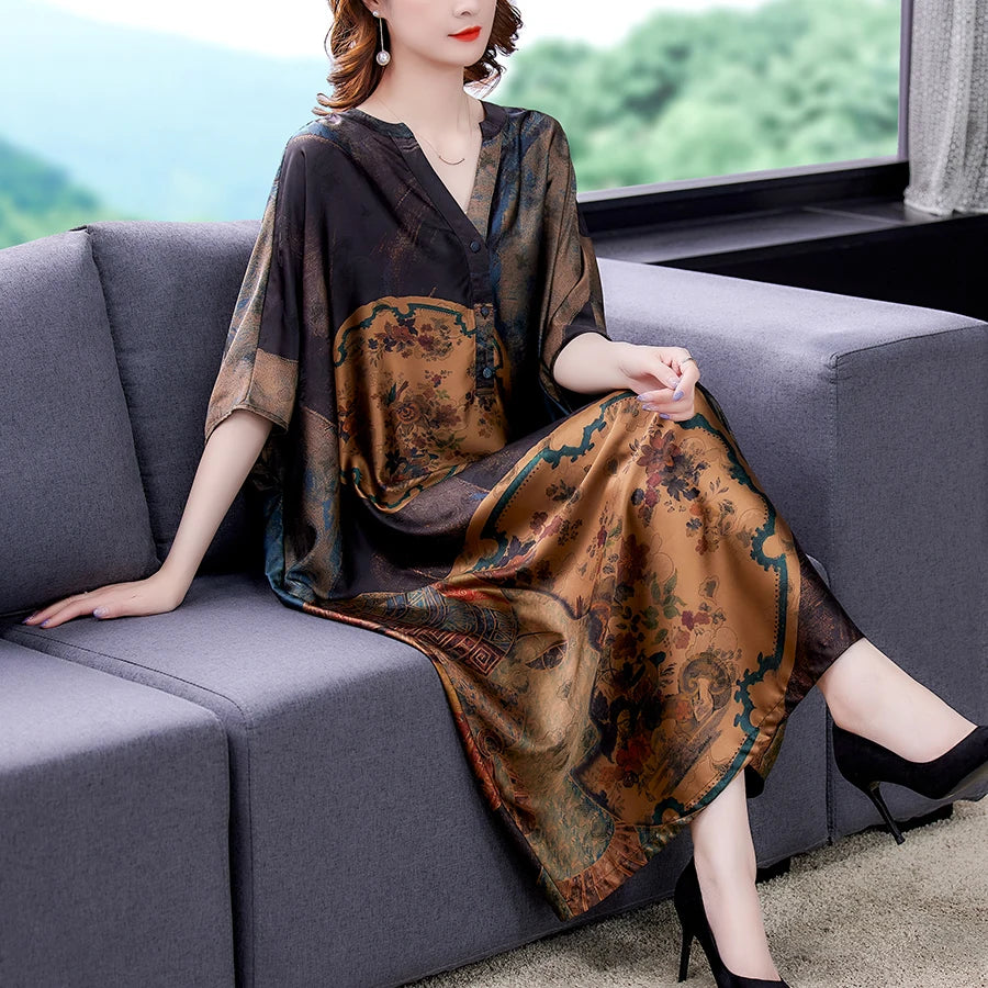 Mulberry Silk Dresses Women's New Summer Long Dress Female Fashion Loose V- Neck High-End Print Pullover Dresses