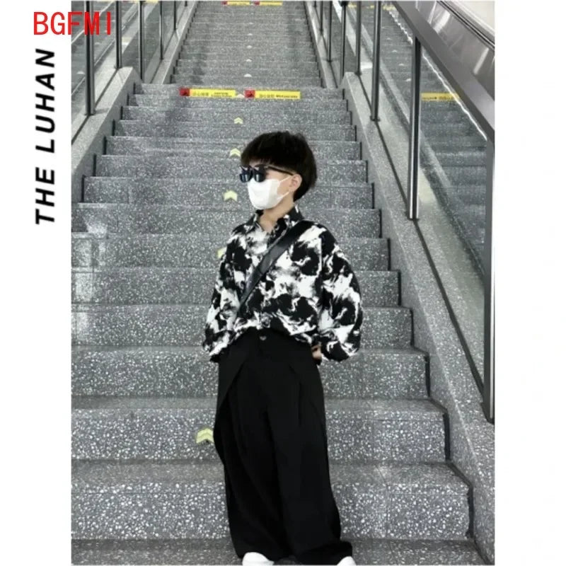 4-14Y Teenage Boy Shirt Outfit Fashion Kids Spring and Autumn Clothing New Korean Ink Painting Shirt and Wide-leg Suit Pants Set